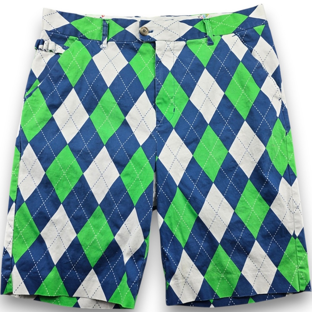 Royal & Awesome Golf Shorts Mens 36 Blue Green Argyle Cotton Spandex Flat Front